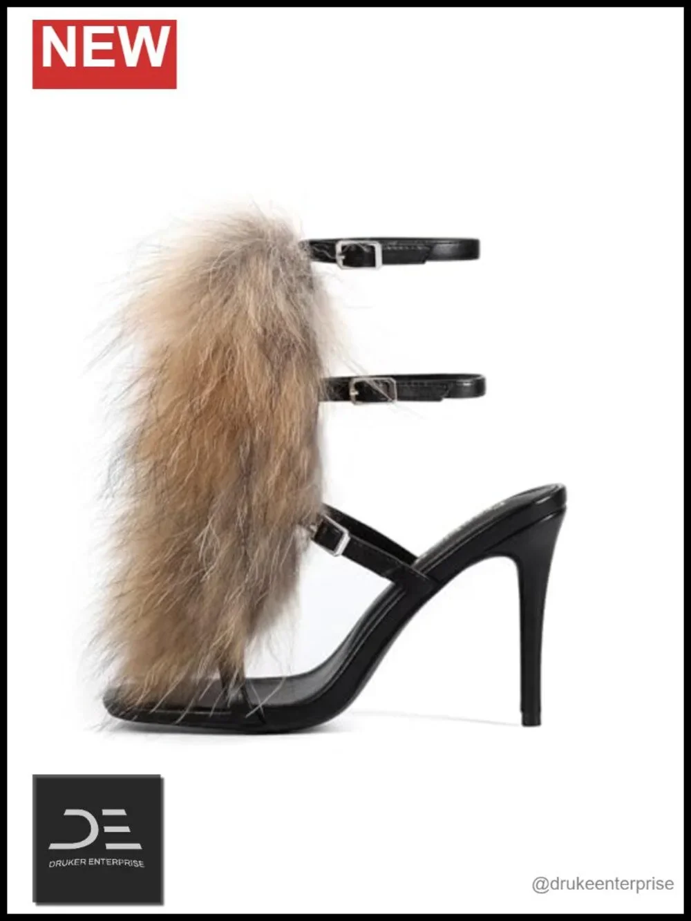 Genuine Fox Fur Stiletto High Heeled Sandals Open Toe Gladiator Furry Fluffy